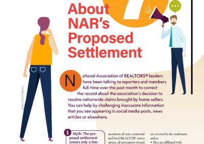 Get the real story on NAR’s pending settlement to resolve seller litigation in a 16-page digital supplement to REALTOR® Magazine. Share this special edition, which also includes guidance for members when talking to buyers and sellers about their services and value. Members also can subscribe to the Navigate With NAR newsletter for the latest settlement updates.